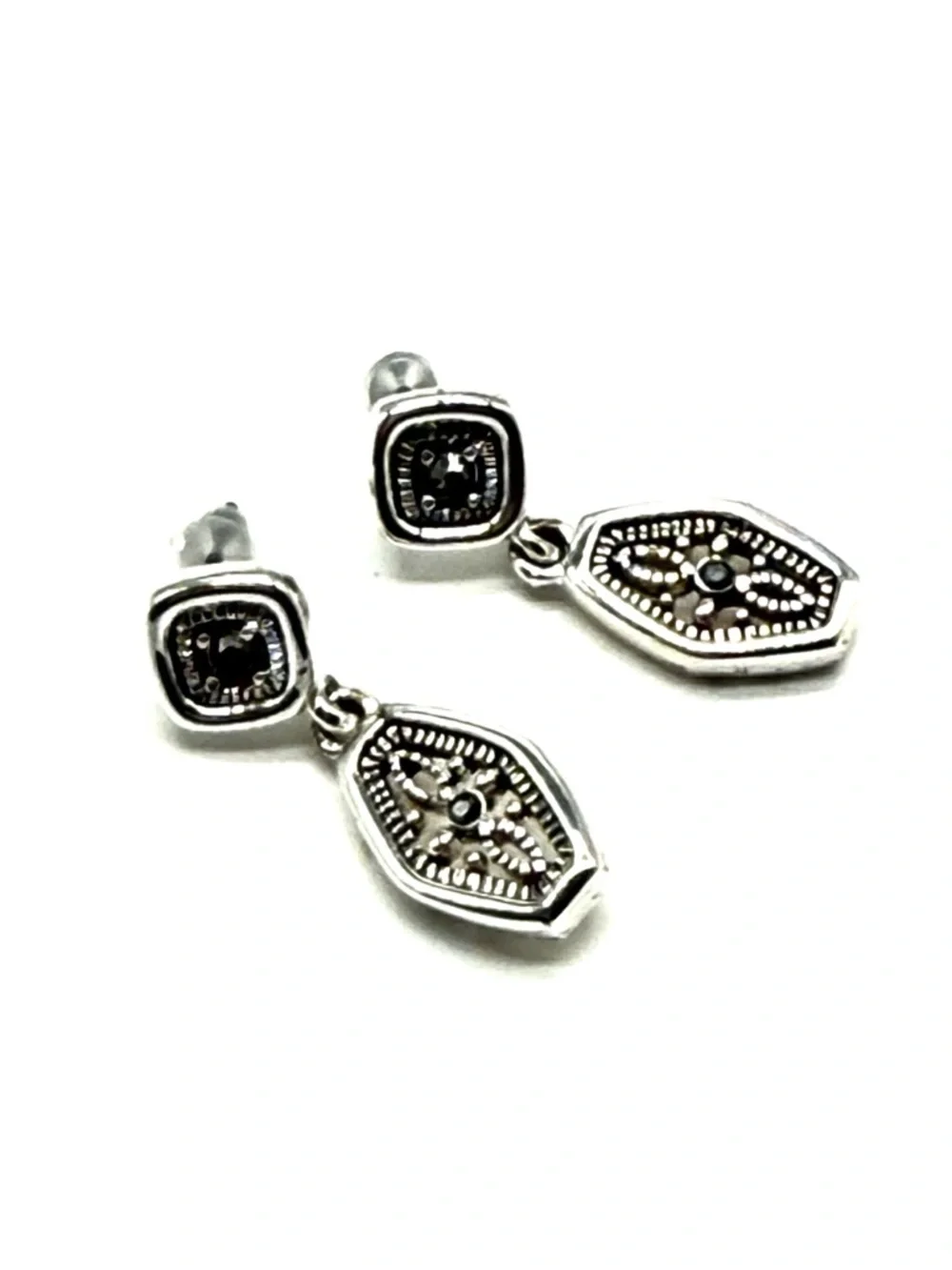 Silver Tone Art Deco Dangle Earrings Geometric Hexagon Vintage Drop Earrings